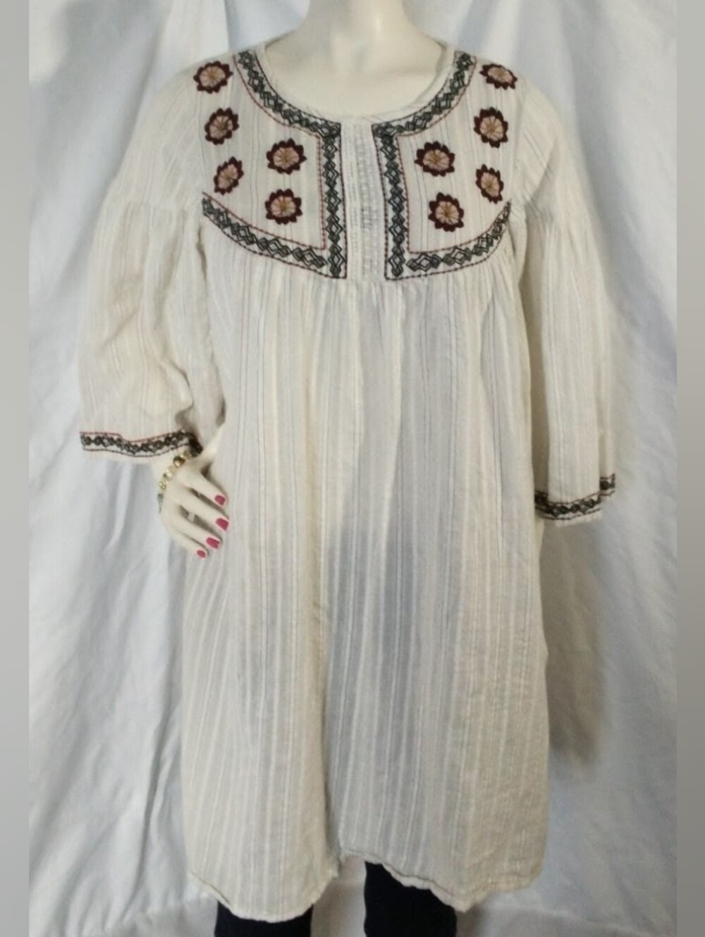 Cost Plus World Market Ivory Embroidered Long Sleeve Boho Dress/Tunic Size S/M